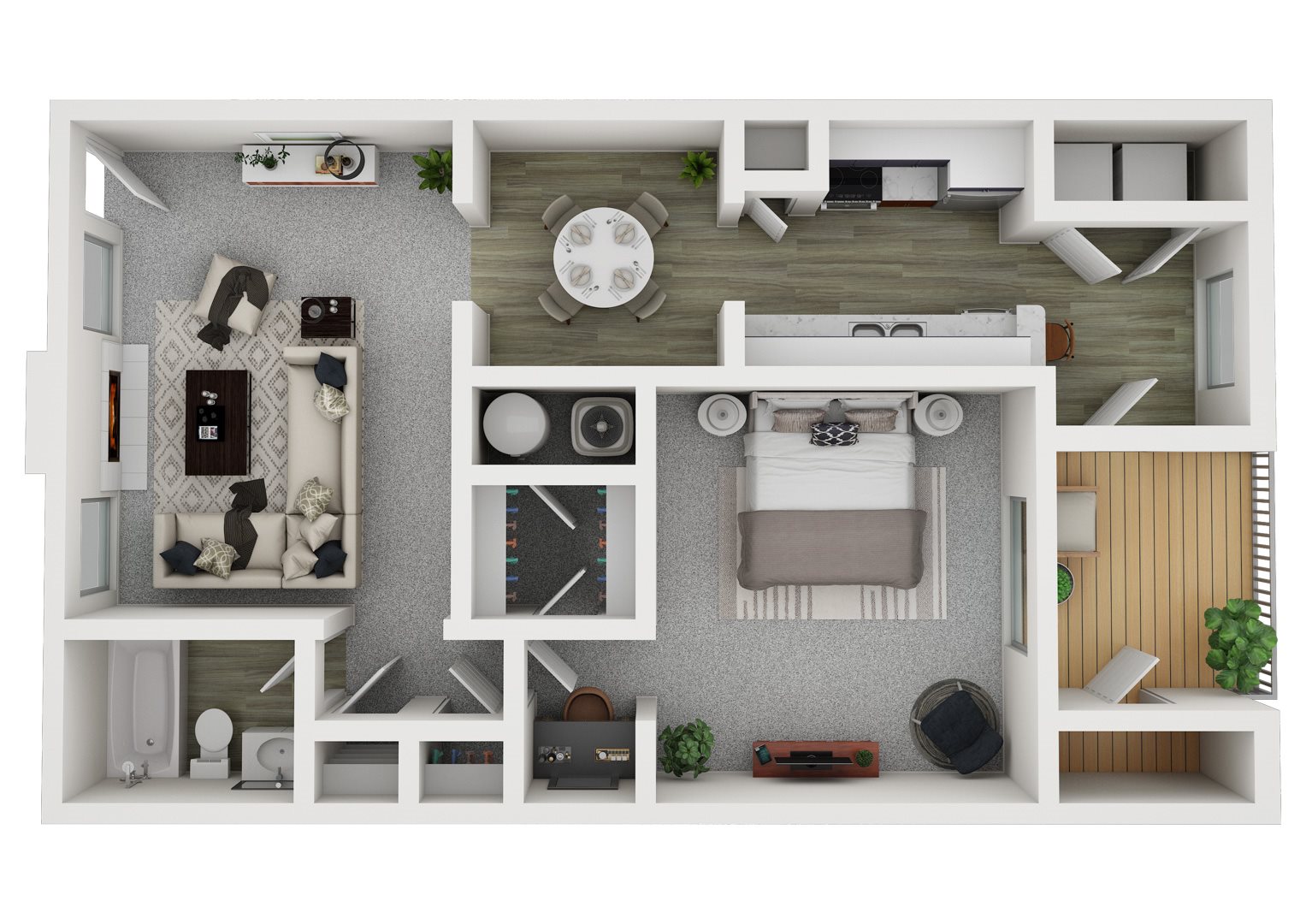 Birch River Ridge Birch Floorplan, a 1-bedroom apartment with a kitchen, living room and deck with built-in washer and dryer.